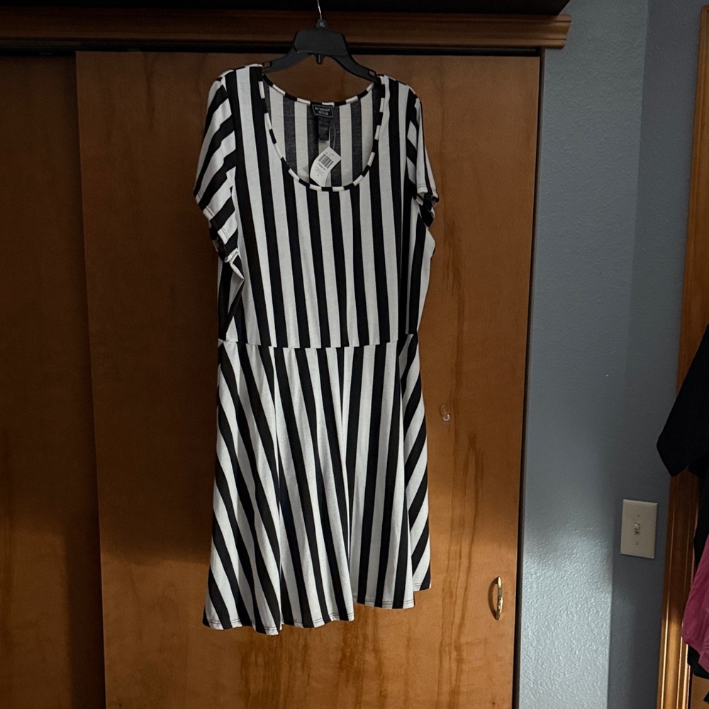 Striped Black and White Mini Dress with Scoop Neck